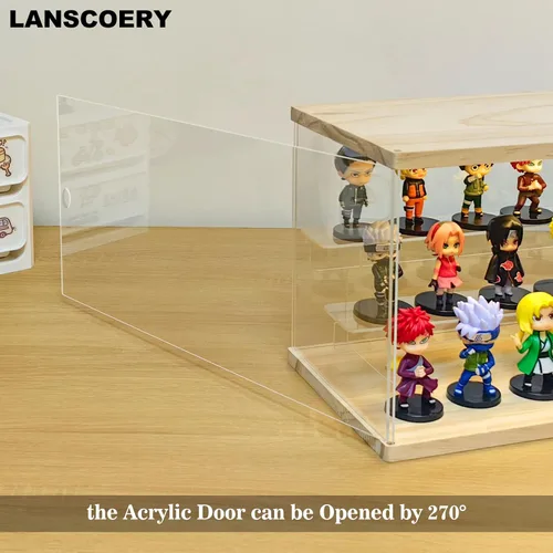 Miniatura 9 de LANSCOERY Vitrina de exhibición de acrílico con luz LED, caja de exhibición de 3 niveles para coleccionables y figuras de acción, organizador Madera
