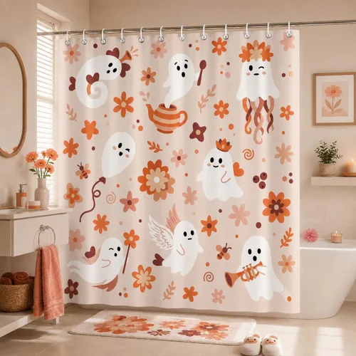 Miniatura 15 de Cortina de ducha de otoño, decoración de baño de árbol de calabaza, 72 x 72 pulgadas, tela de poliéster, cortina de baño impermeable con 12 ganchos