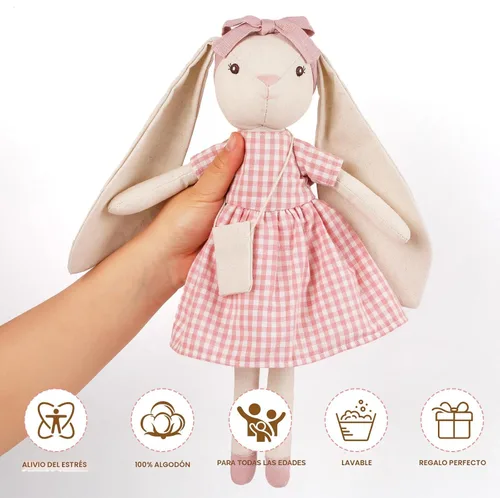 Miniatura 6 de Peluche de conejo de 15 pulgadas para niñas, muñeca de juguete de peluche con vestido rosa a cuadros, bonito juego de muñeca para vestir para niñas
