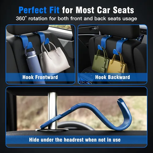 Miniatura 4 de Amooca - Gancho para reposacabezas de asiento de coche, 4 unidades, organizador de almacenamiento universal para bolso de mano, abrigo, ajuste Azul