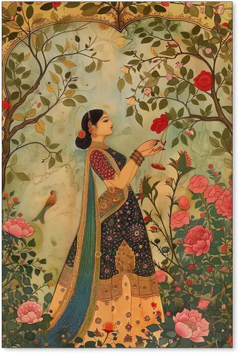 Miniatura 22 de Haitunone Arte de pared de mujer india paquistaní tradicional, póster de pintura floral feminista estilo mogol, impresiones en lienzo para sala