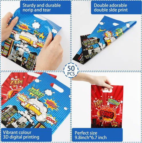 Miniatura 3 de 50 bolsas de regalo de héroe con temática de héroe de feliz cumpleaños, bolsas de regalo de héroe de acción de héroe, bolsas de regalo de plástico