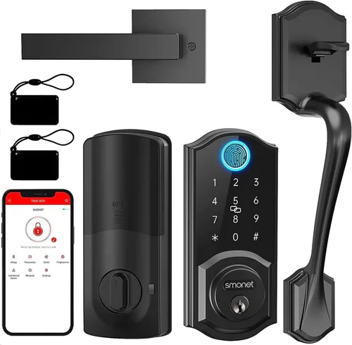 SMONET - Cerradura inteligente para puerta delantera, cerradura de puerta de entrada sin llave con asa, juego de cerradura inteligente para puerta
