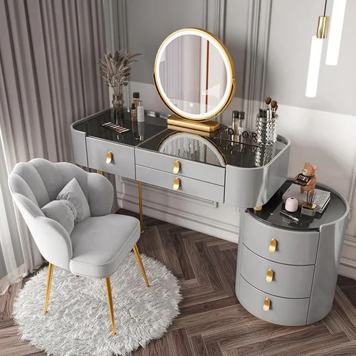 Miniatura 10 de Escritorio de tocador con espejo iluminado y parte superior de cristal, juego de mesa de maquillaje grande con cajones, armario lateral y silla