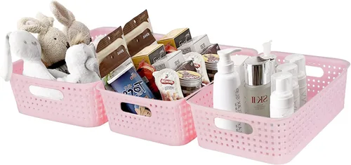Miniatura 6 de Paquete de 8 cubos pequeños de organización y almacenamiento de despensa, organizadores domésticos para lavandería, baños, dormitorios, cocinas, Rosa