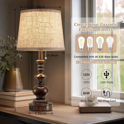 Miniatura 6 de Drawealth Juego de 2 lámparas de mesita de noche de granja de 22 pulgadas para dormitorio, lámparas de mesita de noche con puertos de carga USB A+C