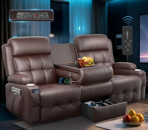 Miniatura 6 de Sofá reclinable biplaza, asiento de cine en casa de 4 plazas, sofá reclinable con USB, consola central, sillón reclinable de pared para caravana