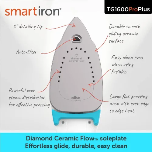 Miniatura 7 de Oliso TG1600 Pro Plus SmartIron de 1800 W con elevación automática y protector de suela de hierro de silicona Oliso Solemate y cubierta de tabla