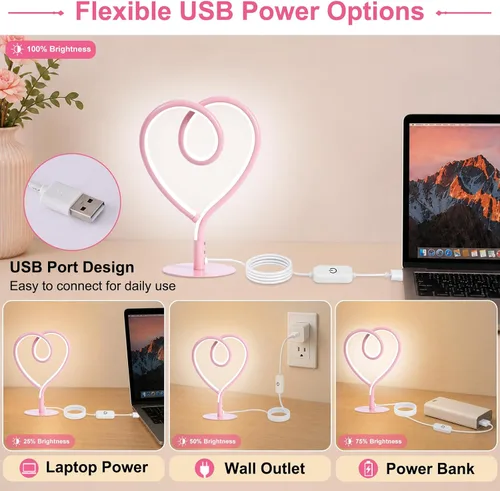 Miniatura 4 de Lámpara de Mesa Rosa, Lámpara de Escritorio Corazón Ajustable Sin Escalas 3CCT 2700K/4000K/6500K con Adaptador USB, Pequeña Lámpara de Noche