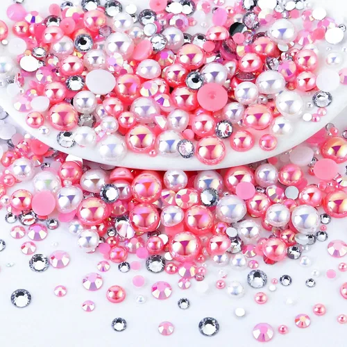 Miniatura 6 de 60g de perlas planas mixtas y diamantes de imitación para manualidades, vasos, zapatos, arte de uñas facial, perlas medias de 2mm-10mm y piedras