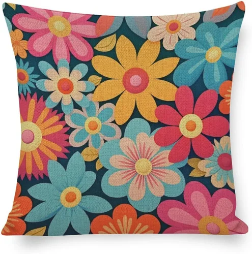 Funda de almohada retro con flores de primavera de 16 x 16 pulgadas, decoración de flores coloridas, flores florales, funda de cojín de lino para