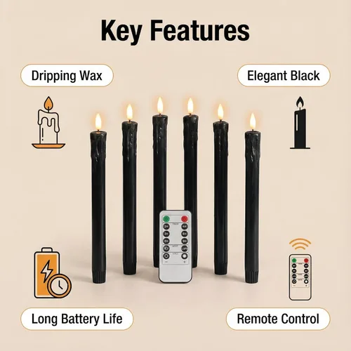 Miniatura 4 de Eywamage Velas cónicas sin llama de cera negra con control remoto, velas LED parpadeantes de cera que funcionan con pilas, juego de 6