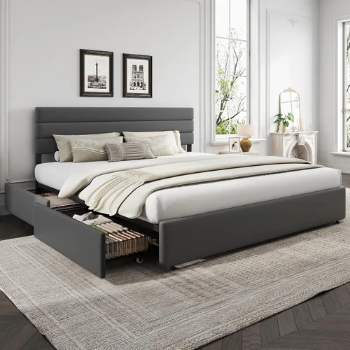 Miniatura 10 de WLIVE Base de cama tapizada tamaño Queen con 4 cajones de almacenamiento y cabecero, marco de cama de plataforma de terciopelo, soporte de listones