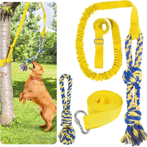 Miniatura 8 de XiaZ Juguete de tira y afloja para perros, juguete interactivo para perros, cuerda elástica para colgar con 2 juguetes de cuerda para masticar, Azul