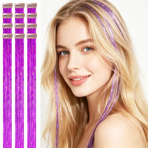 Miniatura 12 de Celinebella 6 extensiones de cabello con clip de mezcla de color rojo, plateado y azul, 6 unidades, resistentes al calor, para mujeres, 17-Azul