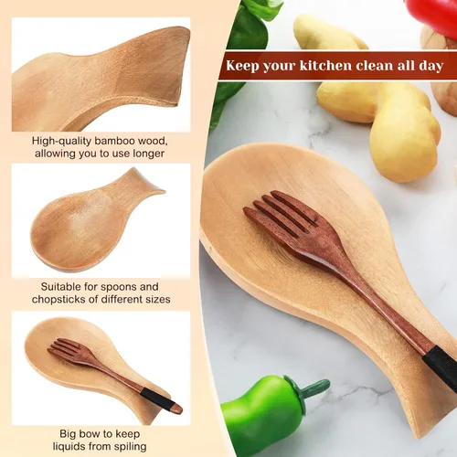 Miniatura 5 de Patelai Soporte para cucharas de madera de acacia para estufa, soporte de bambú para soporte de espátula para cocina, soporte para cuchara