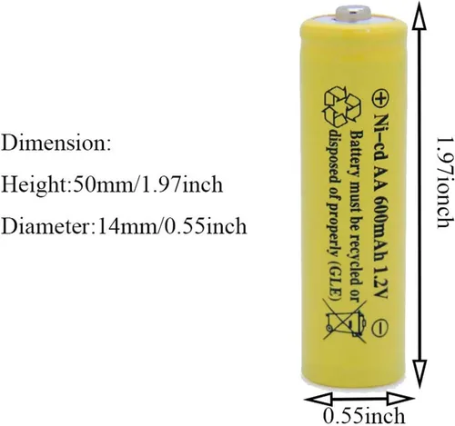 Miniatura 2 de AA - Batería recargable NICD de 600 mAh 1.2 V para luces solares al aire libre, luces de jardín, controles remotos, ratones amarillos (12 piezas)