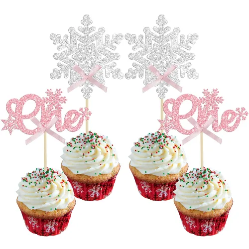 Miniatura 28 de Gyufise 24 adornos de copos de nieve Oh Baby para cupcakes con purpurina azul, decoración de pastel de baby shower congelado para baby shower
