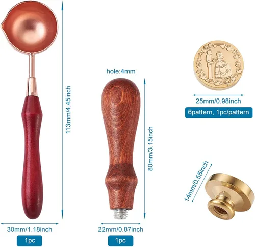 Miniatura 3 de Juego de sellos de cera, 6 piezas con tema de boda, cabeza de sello de cera con mango de madera de haya y varillas de cera de aleación, cuchara
