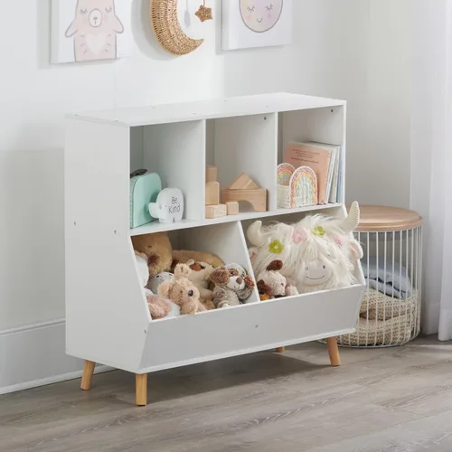 Miniatura 7 de Badger Basket Cubo de almacenamiento de 5 cubos con pies, organizador de madera para juguetes, libros y exhibición, con estante superior, cubos