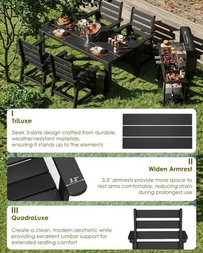 Miniatura 3 de GREENVINES Juego de comedor al aire libre de 7 piezas Juegos de mesa y sillas de plástico HDPE de 67 pulgadas para 6 Muebles de patio Todo
