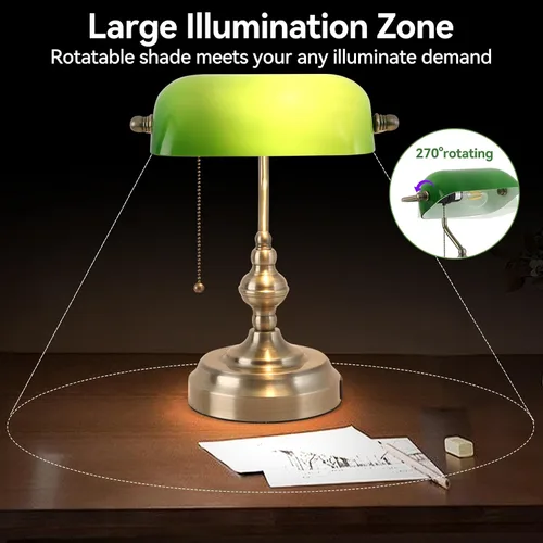 Miniatura 3 de Lámpara de escritorio de banquero de cristal verde, lámparas de escritorio antiguas con puerto de carga USB, lámpara tradicional de biblioteca