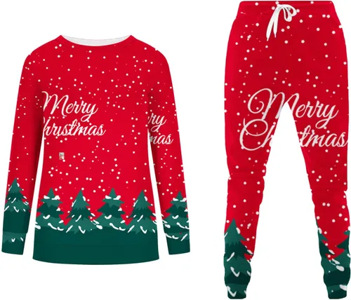 Miniatura 5 de Trajes navideños dos piezas para mujer, camisa estampada de Navidad, manga larga, pantalones con cordón, chándal para correr