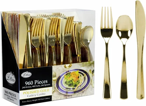 Miniatura 16 de Juego de cubiertos de plástico dorado, 160 unidades, cubiertos extra resistentes, cubiertos desechables, 80 tenedores, 40 cucharas, 40 cuchillos