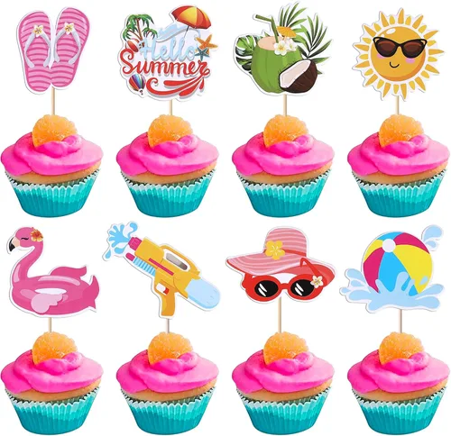 Miniatura 19 de Rsstarxi Paquete de 25 adornos tropicales para cupcakes Luau con decoración de pastel de flamenco de feliz cumpleaños, palmera, flamenco, piña