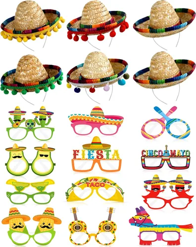 Janinka 18 piezas de suministros para fiesta de fiesta, sombrero, diademas de papel, decoraciones de fiesta mexicana del Cinco de Mayo