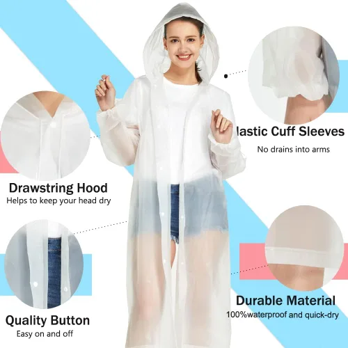 Miniatura 3 de YDYJKI Paquete de 2 ponchos de lluvia impermeables para adultos, impermeables de emergencia reutilizables con capucha y cordón, ponchos ligeros