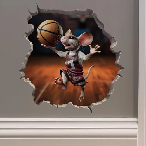 My Wonderful Walls Adhesivo de pared 3D de ratón de baloncesto con agujero de ratón, calcomanía de vinilo naranja y blanco para paredes, ventanas y