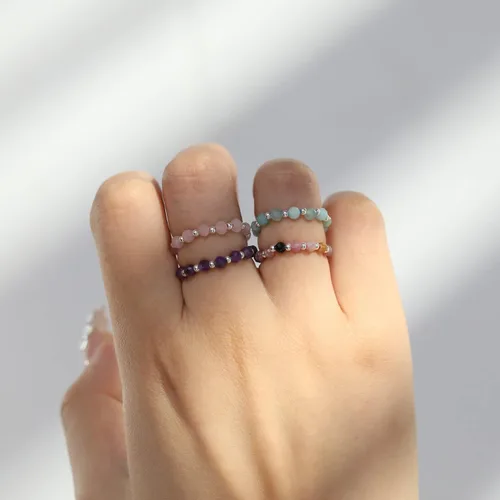 Miniatura 7 de Anillo de cuentas de cristal, piedras preciosas naturales, amatista, cuarzo rosa, aguamarina, turmalina, ojo de tigre, minimalista, anillo apilable