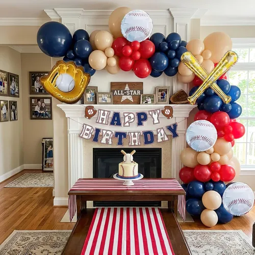 Decoraciones de fiesta de cumpleaños de béisbol, arco de globos azul marino y rojo desnudo con bate de béisbol y guantes y pancarta de feliz