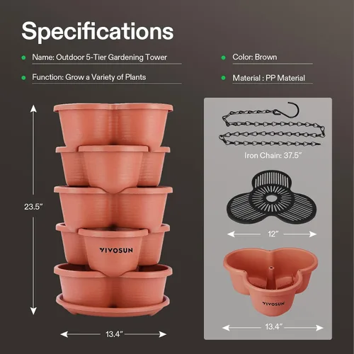 Miniatura 5 de VIVOSUN - Jardinera vertical apilable de 5 niveles para fresas, flores, hierbas y verduras, color marrón
