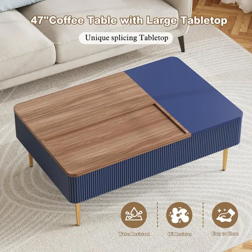 Miniatura 8 de HLR Mesa auxiliar de doble elevación de 47 pulgadas con almacenamiento, moderna mesa de centro de madera acanalada con compartimento oculto, mesa