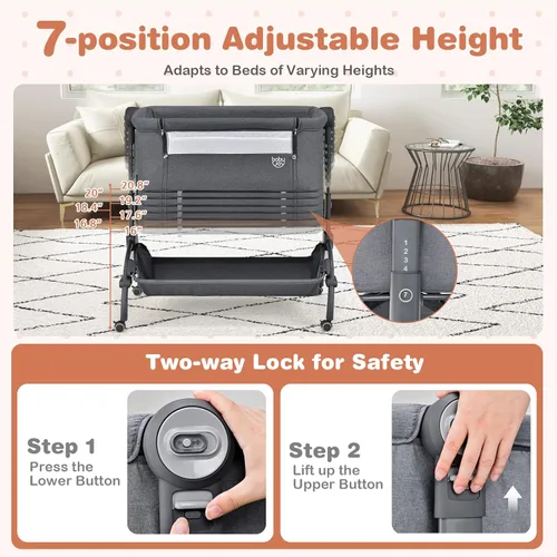 Miniatura 4 de BABY JOY Cuna de bebé, Cuna mecedora 3 en 1 con cesta de almacenamiento, diseño de doble bloqueo, 7 alturas ajustables, colchón suave y bolsa de Gris