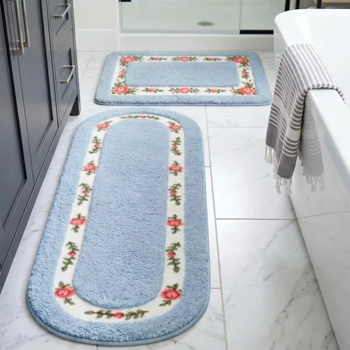 Drydiet Juego de 2 Alfombras de Baño con Flores de Rosa Decoración de Habitación Coqueta Alfombras Florales para Baño Dormitorio Sala de Estar,