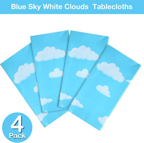 Miniatura 3 de Tatuo 4 piezas de suministros de fiesta de cumpleaños de cielo azul y nubes blancas, mantel de historias de dibujos animados, mantel de mesa