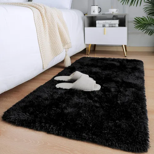 HOMORE Alfombra de pasillo de 2 x 4 pulgadas, alfombra negra para dormitorio, alfombras esponjosas para pasillo, mesita de noche, alfombras largas