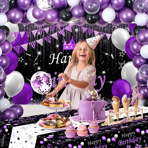 Miniatura 5 de Decoraciones de fiesta moradas y negras para mujeres, decoraciones de cumpleaños moradas para niñas y hombres con mantel de fondo de feliz
