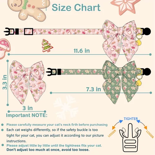 Miniatura 2 de Faygarsle Paquete de 2 collares navideños para gatos con pajarita, collar de invierno rosa y verde para niños y niñas Arco grande verde y rosa