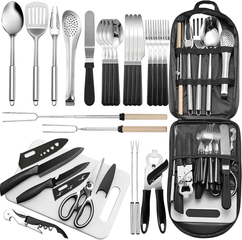 Juego de utensilios de cocina portátil para acampar de 27 piezas, kit de utensilios de cocina de acero inoxidable para cocinar y asar al aire libre,