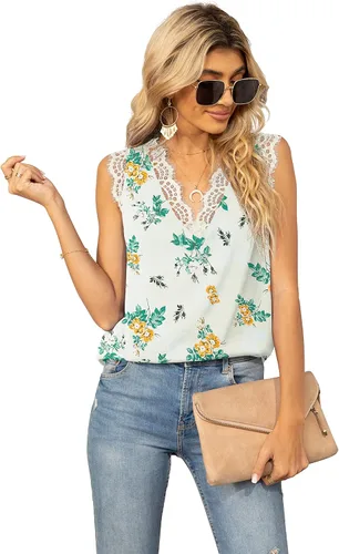 Miniatura 114 de VIISHOW - Camiseta sin mangas, sexy, con cuello en V y bordes de encaje para mujer, camisola de vestir, camisas de gasa, sin mangas, casuales