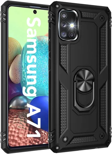 Funda para Galaxy A71 5G, grado militar, resistente, de doble capa, cuerpo completo, a prueba de golpes, protección de cámara con anillo atril Negro