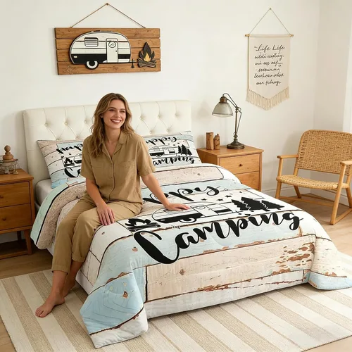 Miniatura 25 de Juego de Edredón para Acampar Feliz para Niños Tamaño Individual, Juego de Ropa de Cama Rústica de Aventura de Granja y Cabaña, Decoración