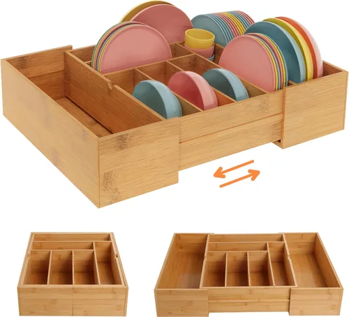 Miniatura 12 de BAMEOS Organizadores de cajones de bambú para cubiertos, organizador de cajones de utensilios de 11.9 pulgadas para cajones de cocina, organizador
