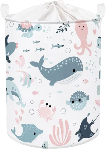 Clastyle Cesta de ropa sucia plegable con tapa de animales marinos con burbujas para niños, cesta redonda para ropa sucia de tiburones marinos,