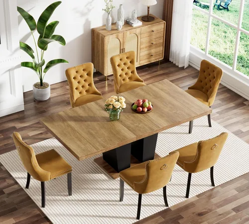 Miniatura 41 de Juego de mesa de comedor extensible marrón de 63 a 78.74 pulgadas para 4, juego de mesa de comedor de 5 piezas con 4 sillas, mesa de cocina