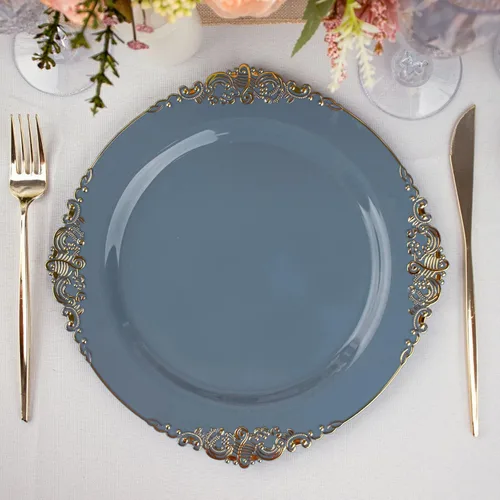 Miniatura 13 de Tableclothsfactory Paquete de 10 platos redondos de plástico barroco dorado de 8 pulgadas para ensalada de postre, vajilla desechable con borde